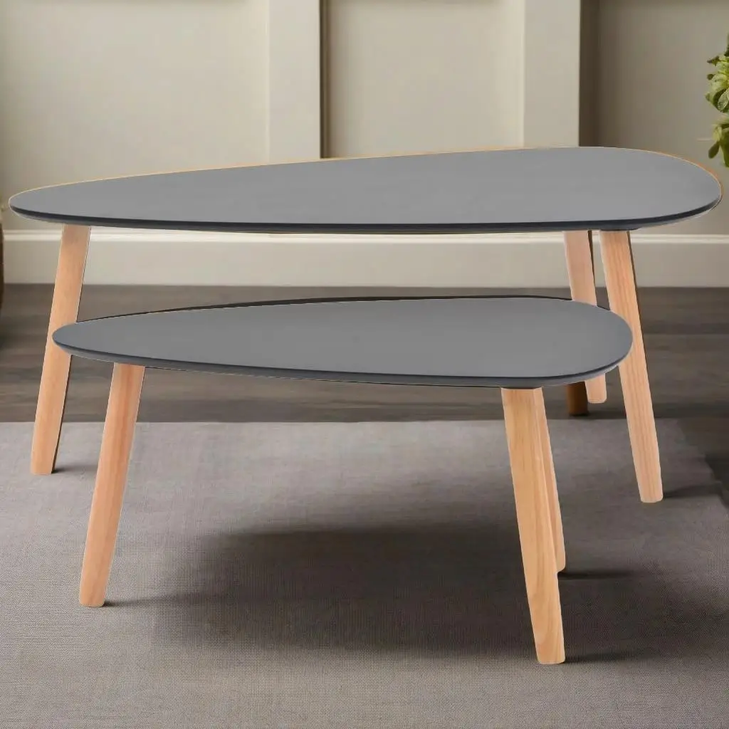 2-Piece Solid Pinewood Coffee Table Set - Elegant Black Finish for Living Room 4