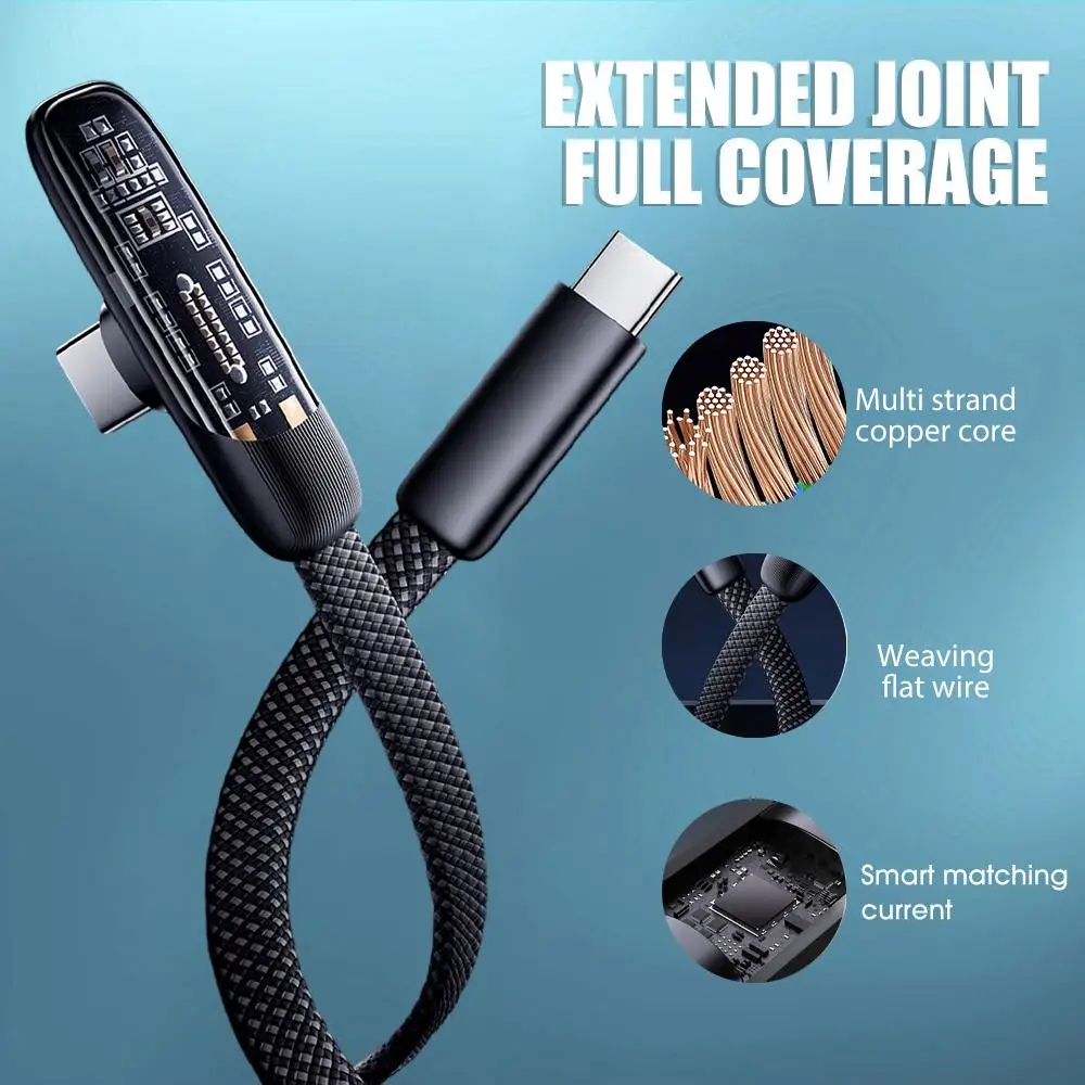 High-Speed Right Angle USB-C Charging Cable - 60W Flat Nylon Braided