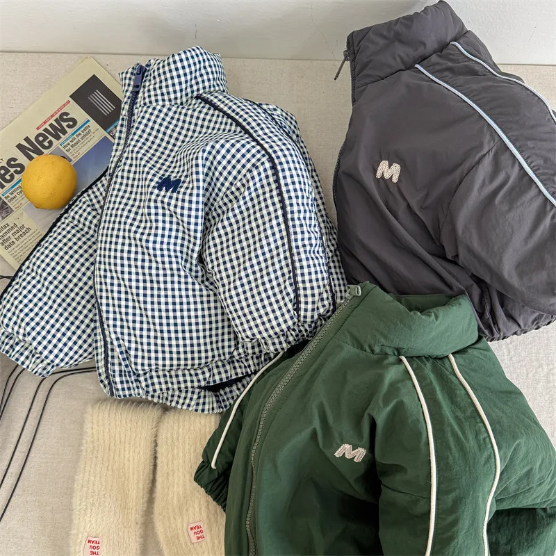 2025 Winter New Children Long Sleeve Warm Letter Coat Plus Velvet