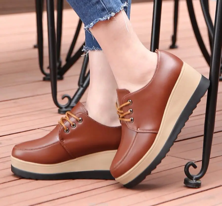 Spring Autumn Women Fashion Platform Gold Black Flats PU Leather Lace up Classic Bullock Footwear Wedges Female Oxford Shoes