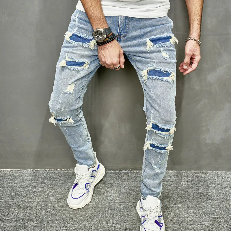 Fashion Blue Male's Bottoms Ripped Patches Skinny Destroyed Holes
