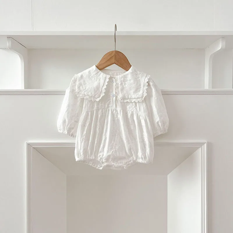 Spring Autumn Baby Clothes Toddler Peter Pan Collar One Piece Korean Infant Girls Floral Embroidered Solid Color Bodysuit