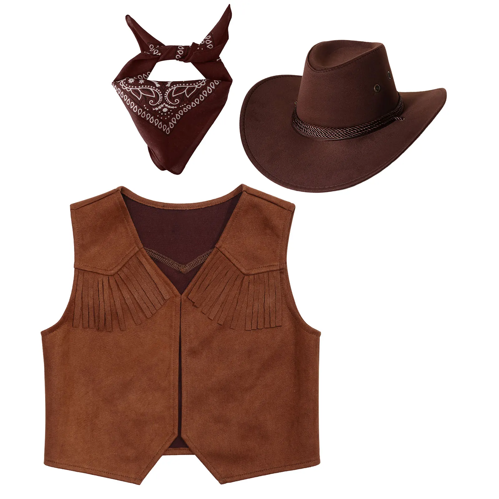 Kids Girls Boys Cowboy Cowgirl Costume Sleeveless Vest Cosplay Party Outfits Fancy Dress Up Set with Waistcoat Bandanna and Hat