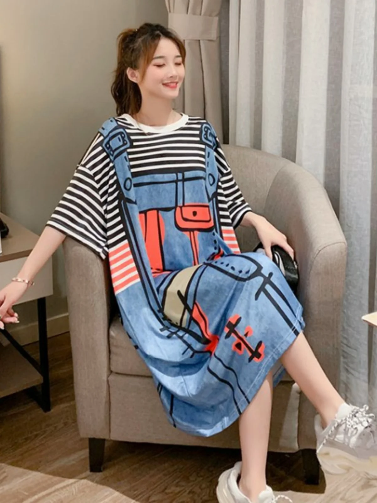 Summer Korean Style Casual Striped Knee-Length T-Shirt Dress plus Size Women Loose Fit mid Waist Short Sleeve round Neck