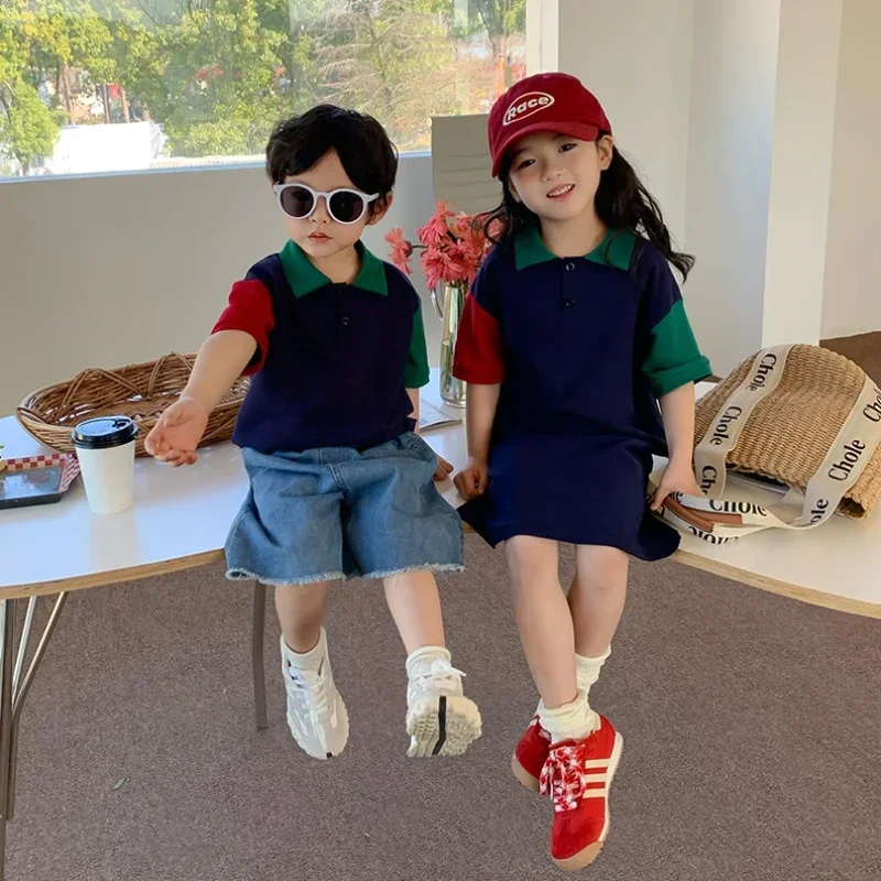 Family Summer Clothes Mother and Daughter Equal Dress Father and Son Polo Shirts Fashion Korean Mom Baby Boy Matching Clothing
