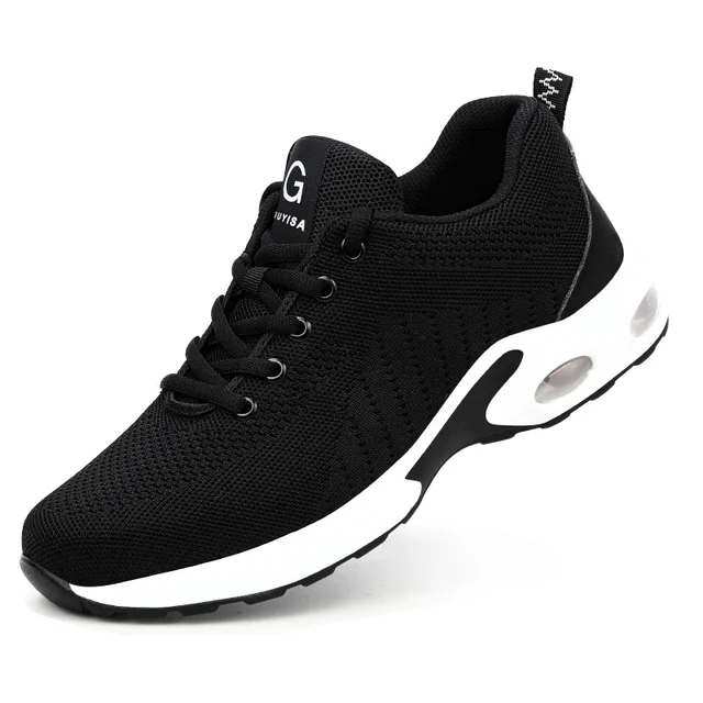 Men Work Safety Shoes Man Safeti Breathable Air Cushion Work Protective Sneakers Anti-Puncture Work Male Steel Toe Safety Boots 9191-black white