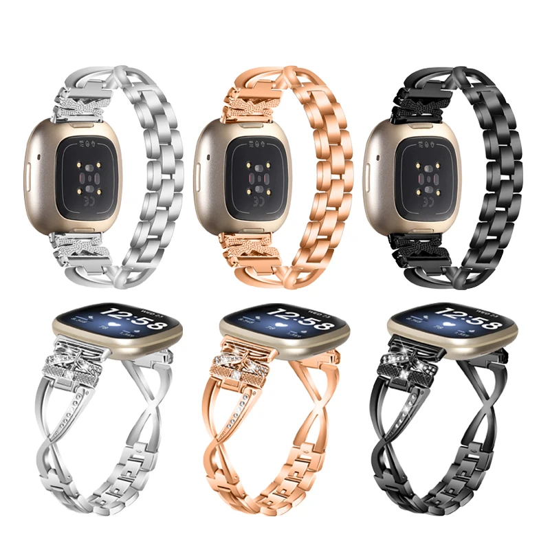 

For fitbit versa 4 versa 3 smart watch Strap Stainless Steel Bracelet Butterfly X-Shape watchband for fitbit sense / sense 2