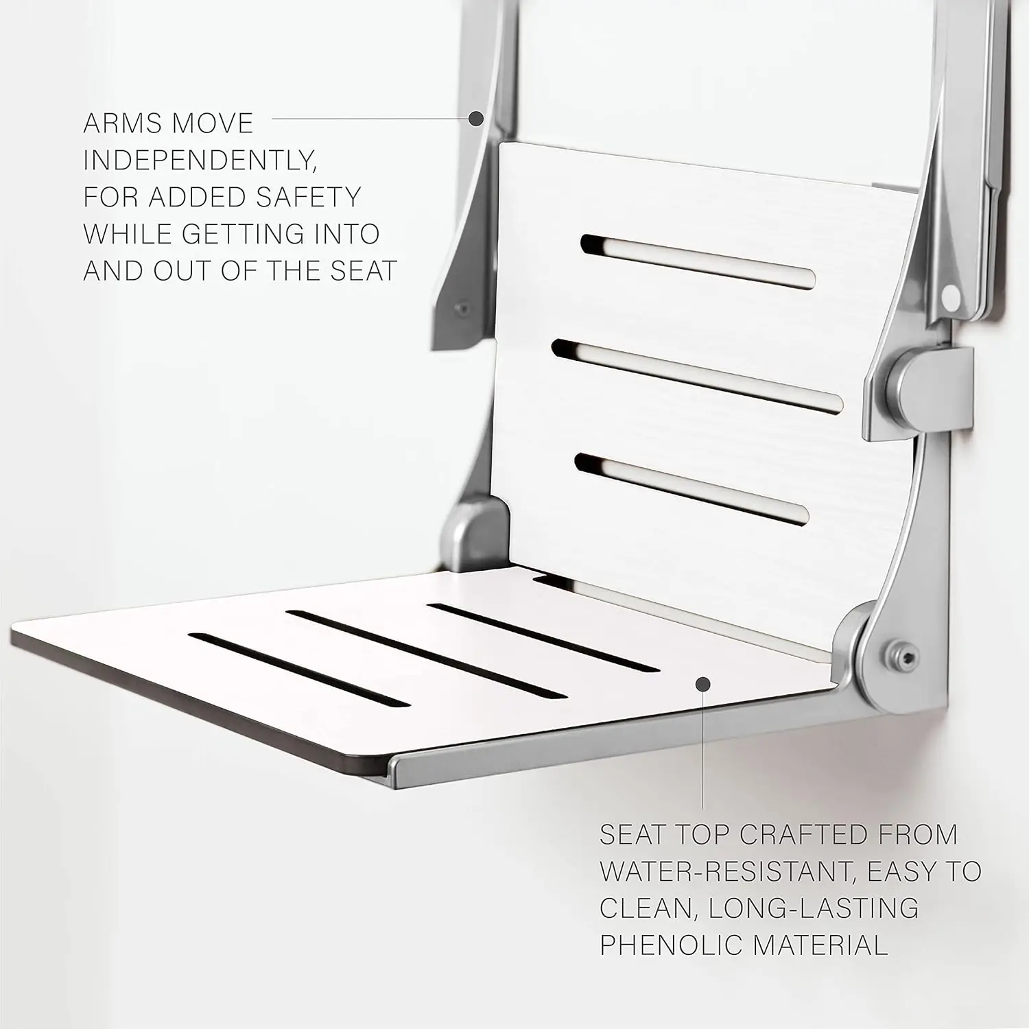 Silhouette Comfort Folding Wall Mount Shower Bench Seat with Arms White Seat with Silver Frame 16"D x 20.94"W x 12.75"H 5