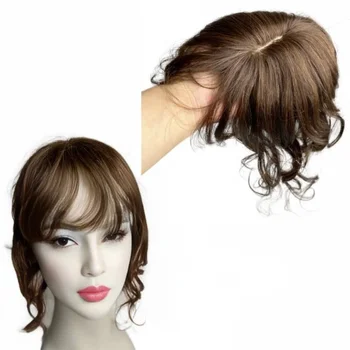 Topper per capelli naturali per donne Toppers per capelli umani ricci ondulati Clip da 14 pollici nell'estensione con frangia Posticci per capelli calvi