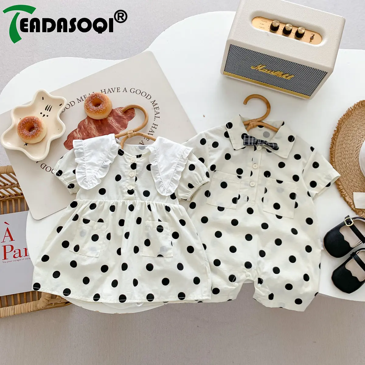 

Summer Turn-down Collar Overalls Romper for Boy New In Siblings Newborn Baby Short Sleeve Ruffles Dresses for Girls Infant Kids