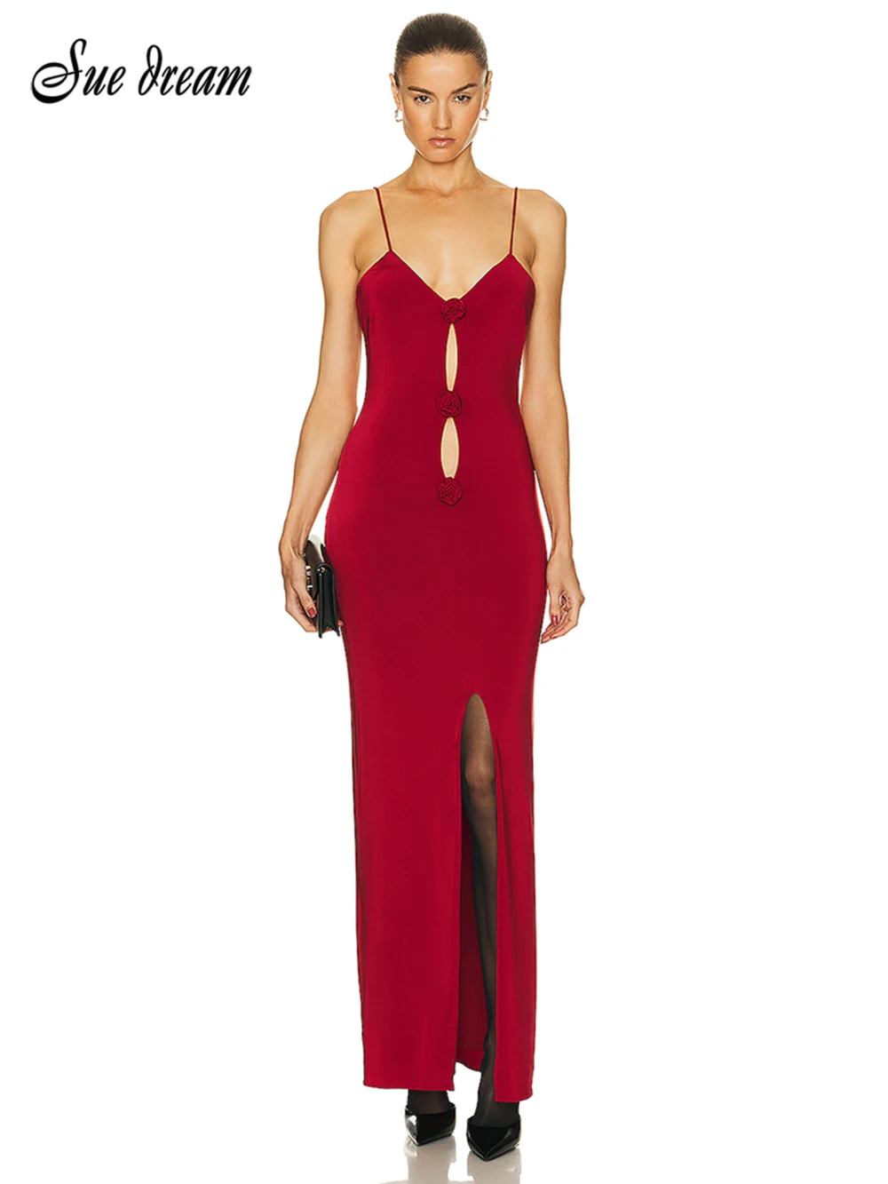 

Новинка 2024, женское сексуальное платье на тонких бретельках с v-образным вырезом и цветочным узором, длинное платье с разрезом, облегающее Клубное вечерние платье знаменитостей