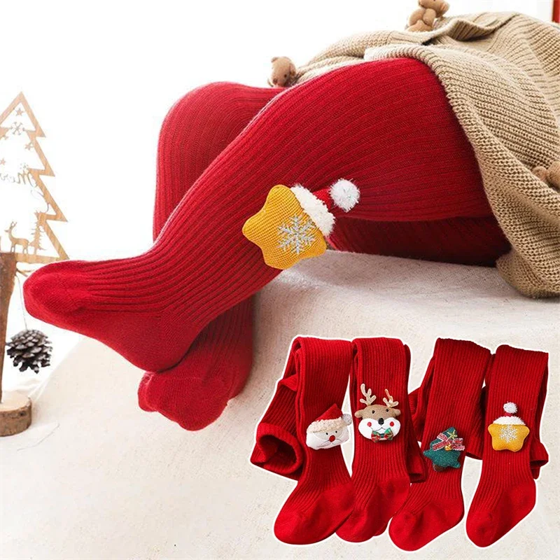Baby Cartoon Leggings Christmas Soft Cotton Girls Red Stocking Newborn Baby Children's Bottomed Pantyhose New Year Gifts Tights