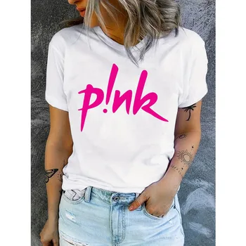 Women's Pink Creative Letter Fashion Harajuku Printed T-shirt Summer Short Sleeve Round Neck Casual Fashion Woman Clothing 1