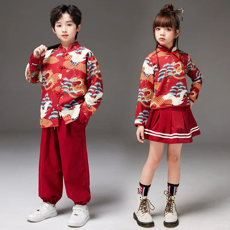 남아용 고대 당나라 코스튬 무대 의상, 중국 스타일 프린트 의상 세트, 소녀 한푸 스커트 스타일, 중국 새해 복장
