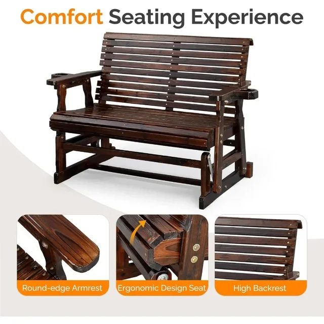 2025New-Durable Wooden Patio Glider Chair with Built-in Cup Holders, Outdoor Bench Glider Loveseat featuring a Smooth Rocking Mo 5