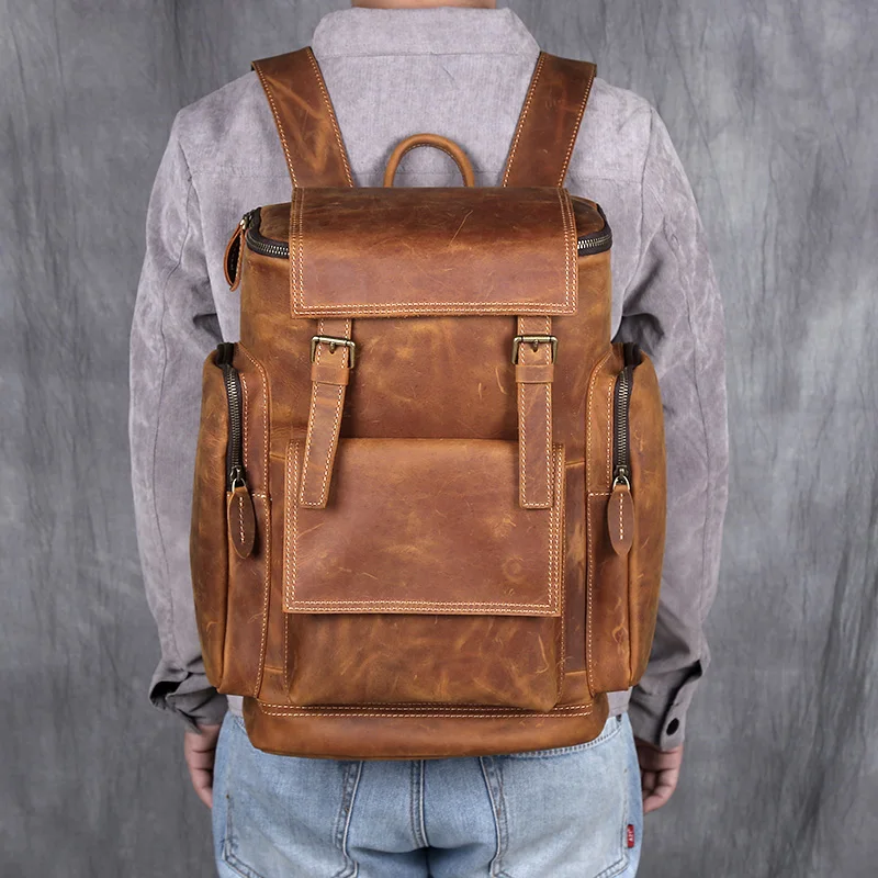 Retro Leather Backpack Men Crazy Horse Leather Large Capacity Multifunctional Outdoor Travel Backpack 3