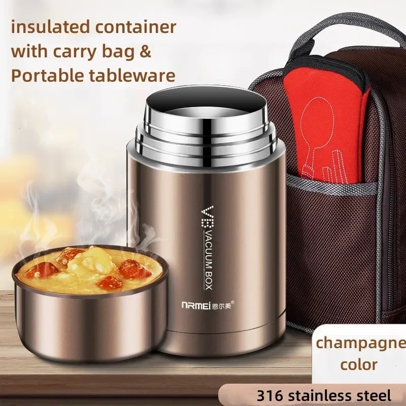 

Insulated Carry Food Thermos, Steel Jar 600/800/1000ml With Spoon Kid Bag Vacuum 316 Stainless Box Lunch