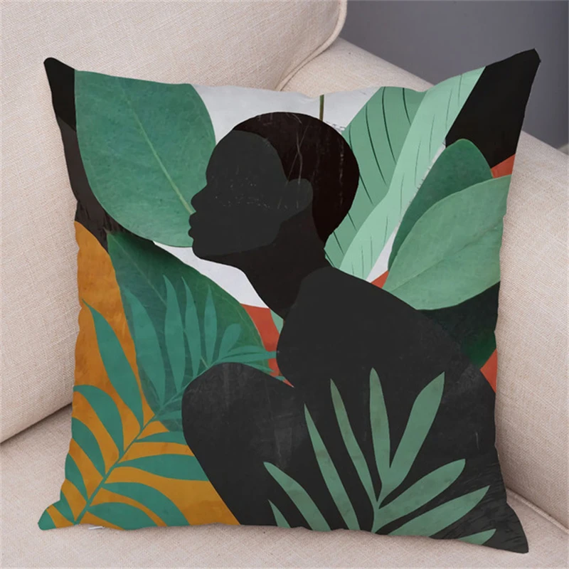 2022 Tropical Plant Soft Plush Black Africa Girl Pillow Case Linen Geometric Fashion Women Cushion Cover for Sofa Car Home Decor