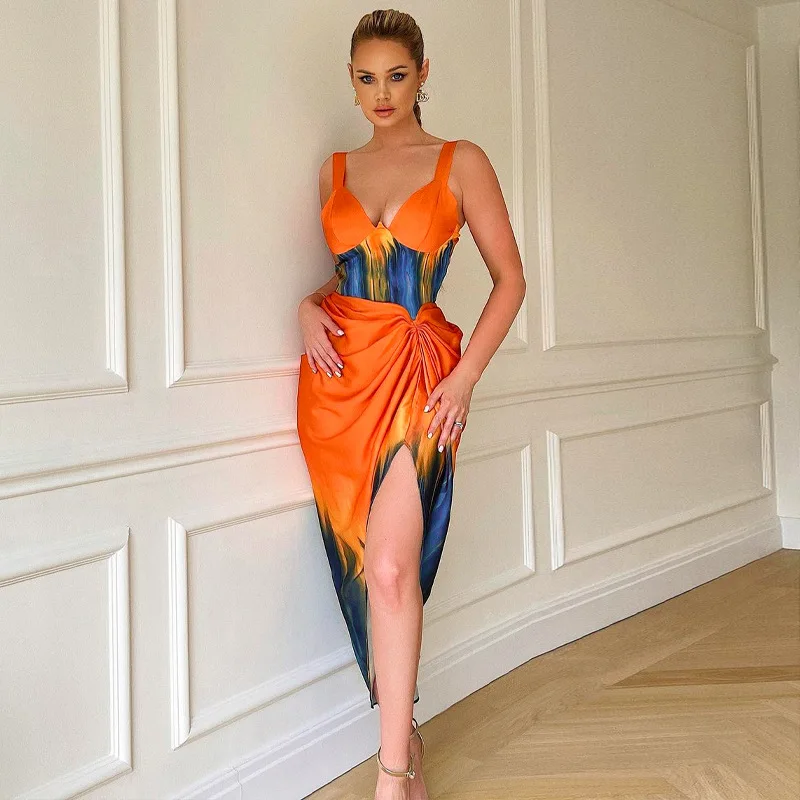 

Summer Tie Dye Dress Pleated Slit Sexy Casual Elegant Bodycon Maxi Luxury Sleeveless Beach Dresses 2022 Fashion Clothes Women