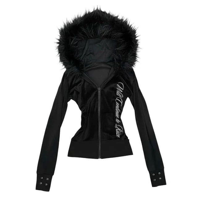 Y2K Harajuku Gothic Women's Hoodie Sexy Slim Chic Suede Fur Collar Letter Print Cardigan Sweatshirt Aesthetic Female Streetwear
