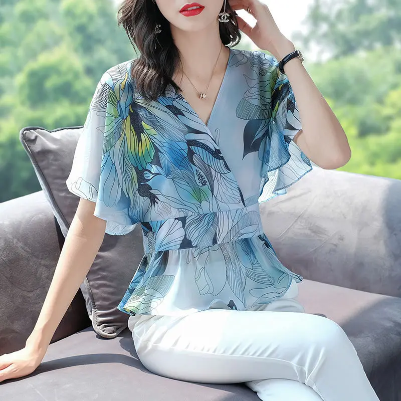 Office Lady Fashion Flowers Printed Blouse Summer Casual Ruffles Patchwork All-match Female V-Neck Korean Drawstring Bow Shirt