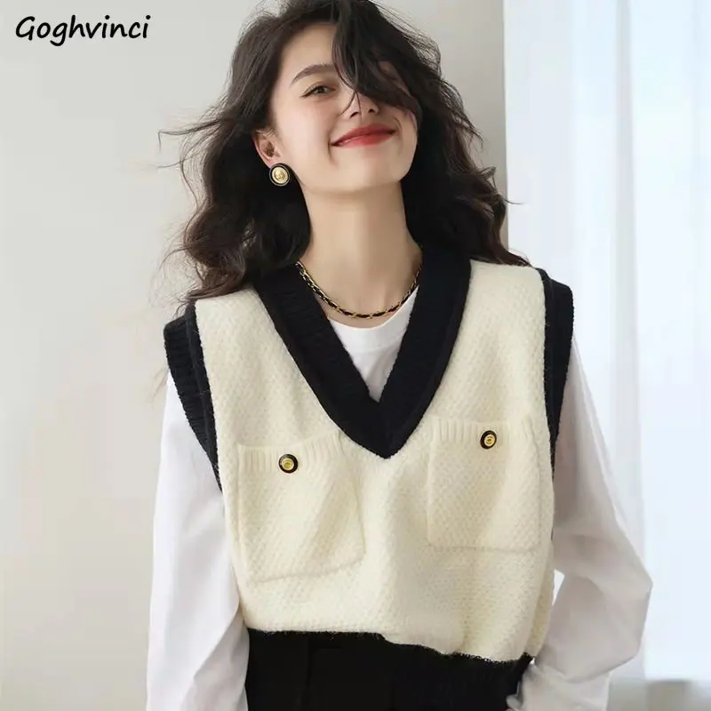 V neck Sweater Vests Women Panelled Simple Cropped Spring Preppy Style