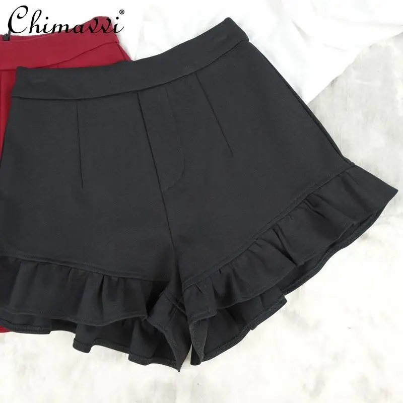 Japanese Style Ruffled High Waist Casual A- Line Wide Leg Pants Fashion Retro Pleated Short Culottes Women's Y2k Shorts Summer