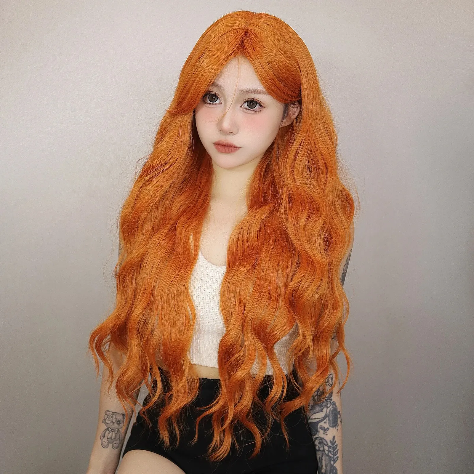 Long Water Wave Orange Synthetic Wigs for Women Wavy Natural Hair Wigs with Long Bangs Cosplay Party Wigs Heat Resistant_voghion.com