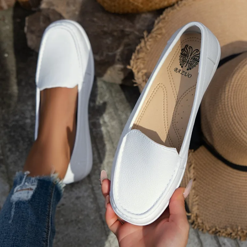 2025 Women's Shoes Spring High Quality Leather Soft Outsole Work Women Black Swing Larger Size Wedge Single Shoes 6
