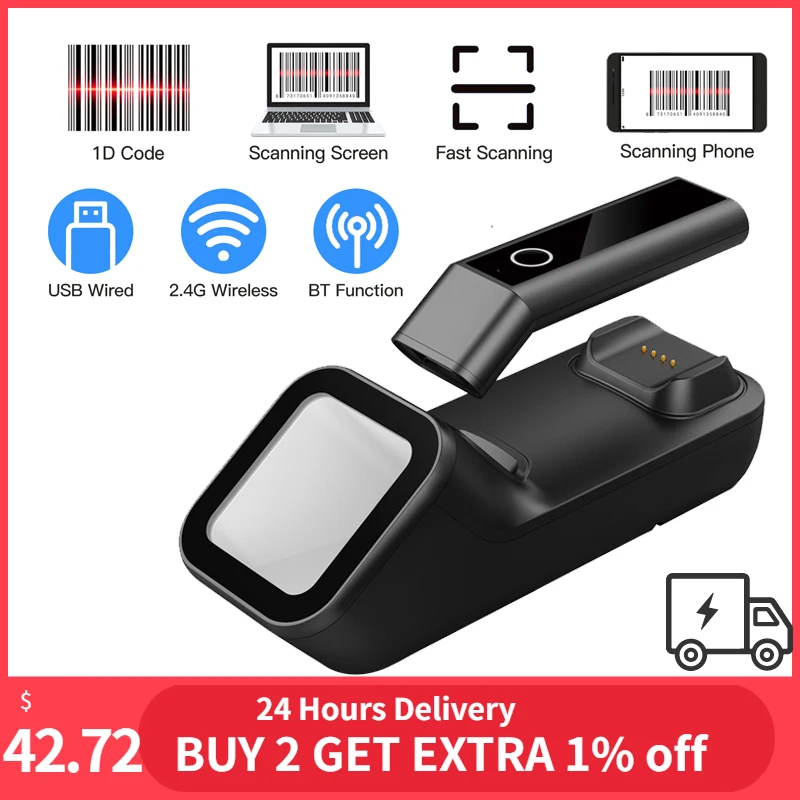 Aibecy 3-in-1 1D/2D/QR Bar Code Reader BT & 2.4G Wireless Barcode Scanner Handheld USB Wired Connection with Scanning Base barcode scanner