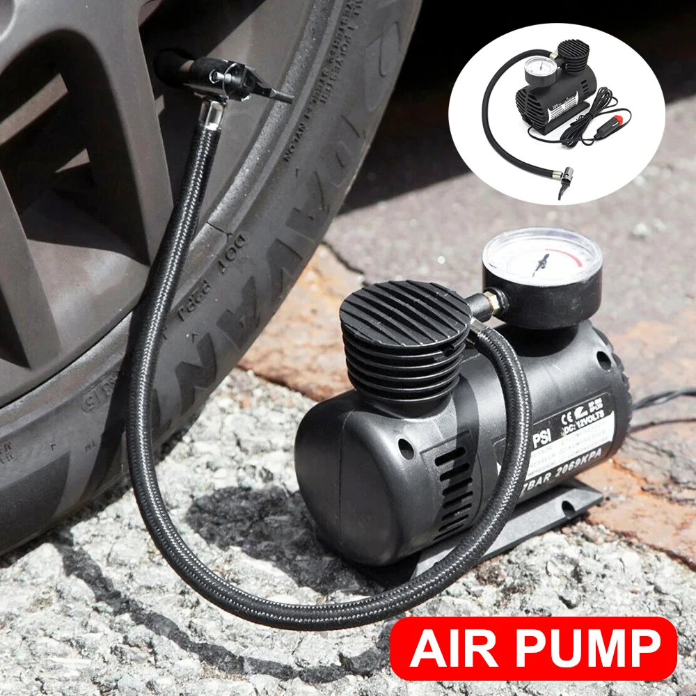 

12V 300PSI Electric Air Pump Car Tire Inflator with Gauge Mini Air Compressor Portable Tire Pump for Car Motorcycle Bicycle