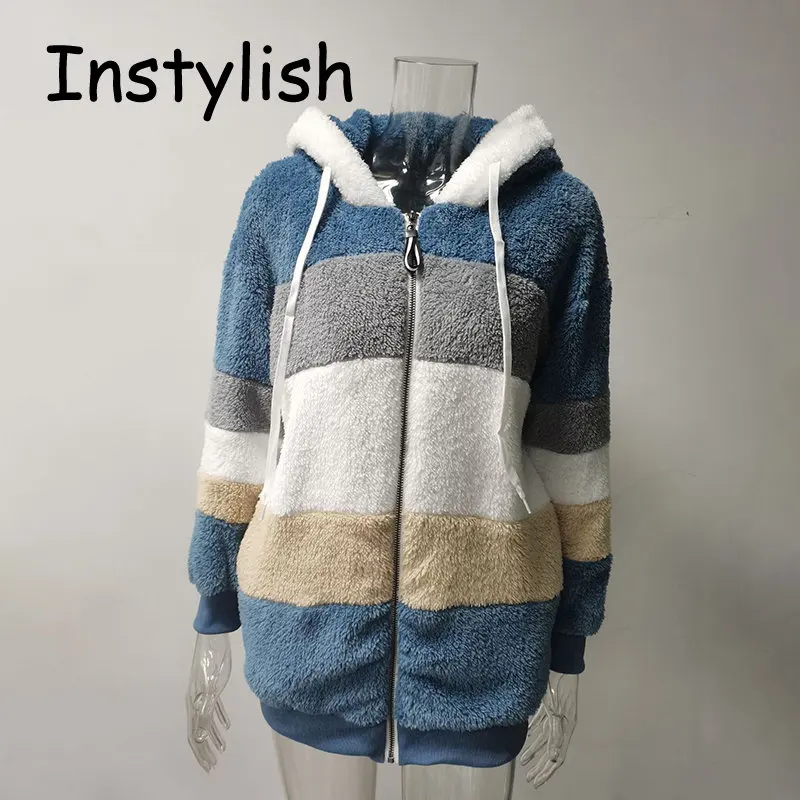 Women Elegant Striped Plush Hooded Coat Winter Thick Warm Loose Fleece Teddy Jackets Vintage Harajuku Oversized Outwear 2023