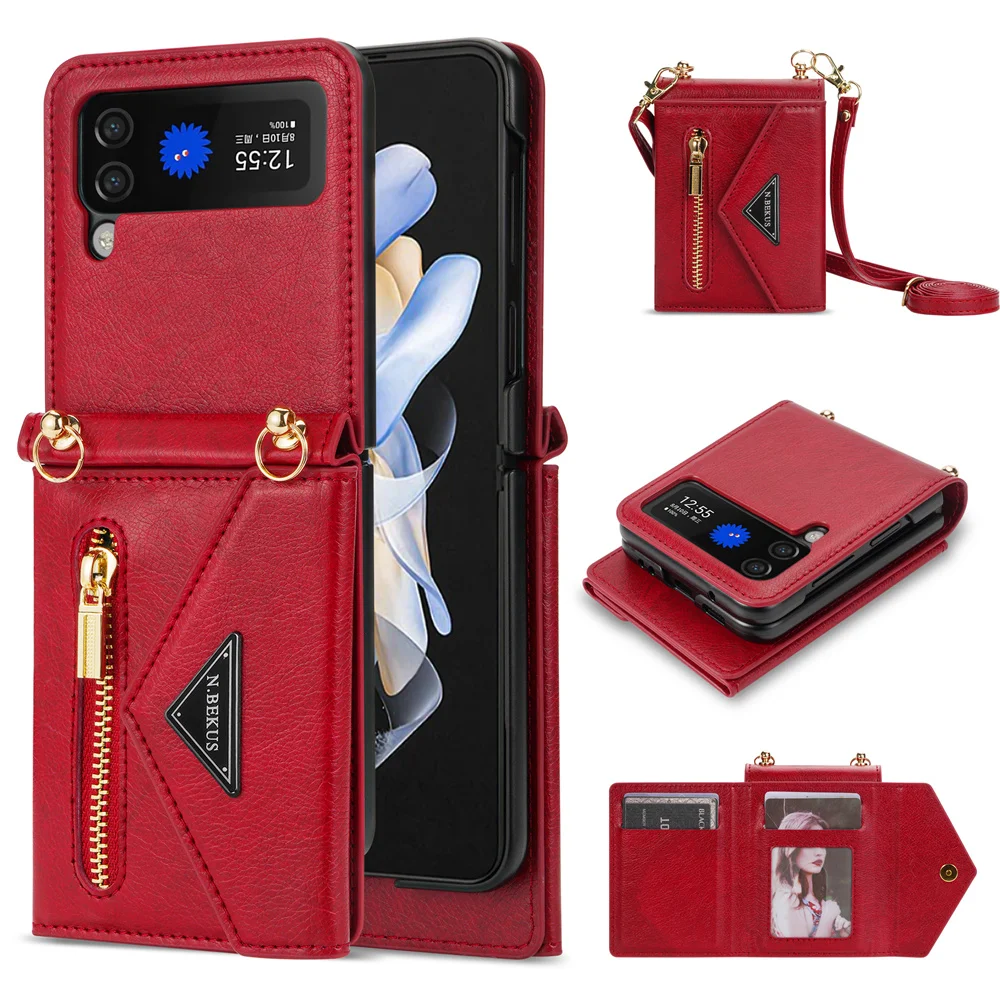 

Luxury Magnetic Closure Card Bag Wallet Crossbody Case for Galaxy Z Flip 4 Z Flip 3 Folding Case with Long Shoulder Strap