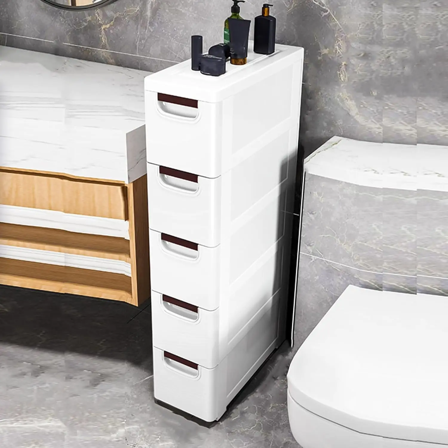 5 Drawer Narrow Slim Plastic Storage Cabinet Storage Drawer with 4 Wheels 5 Tier Drawers Dresser White Fabric Organizer Wardrobe 4