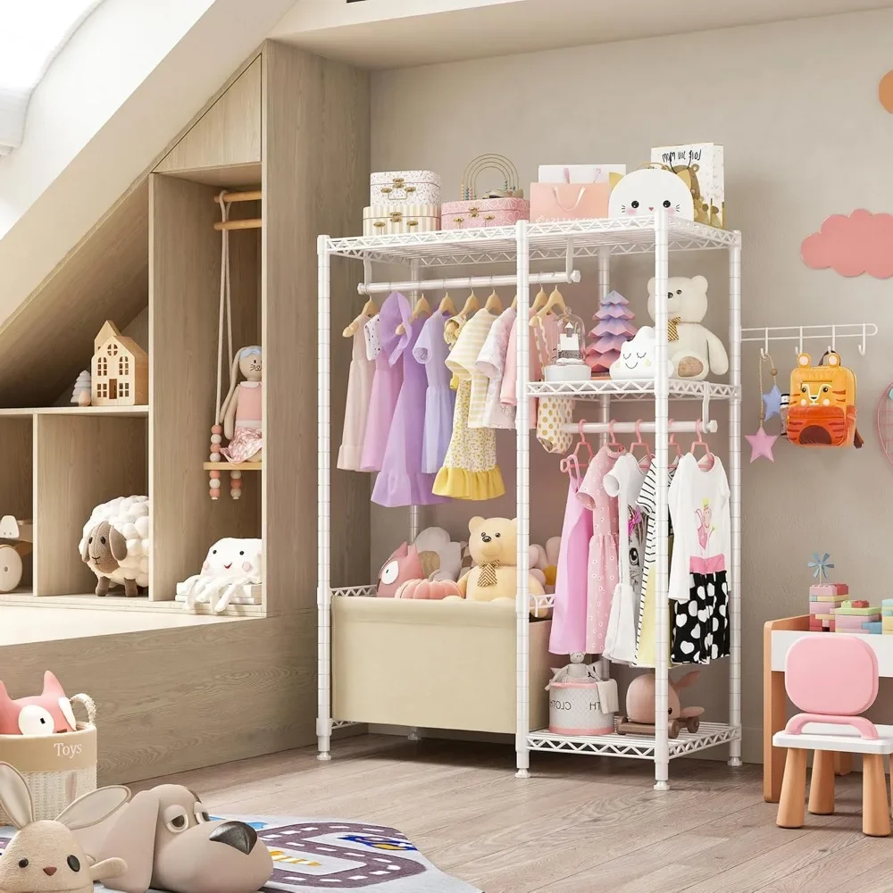 Clothes Rack Small with Shelves for Kids Students Children, Adjustable Girls Garment Rack Boy Wardrobe Closet