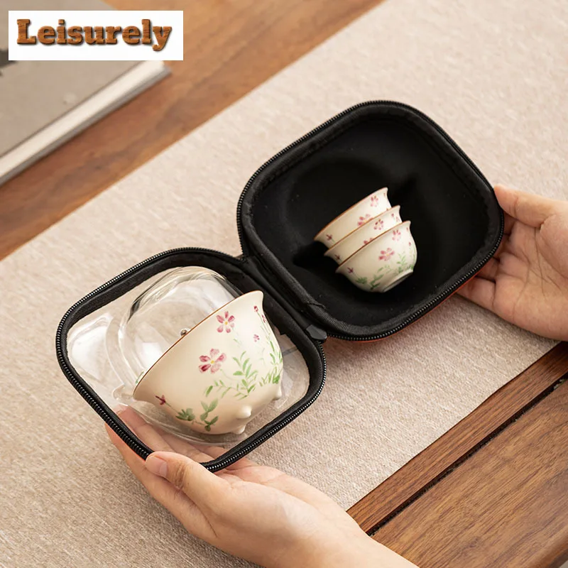 Off-white Hand Painted Flowers Travel Tea Set Kit Retro 1 Bowl 3 Cups Tea Maker Organizer Portable Outdoor Stock Bags Ornaments