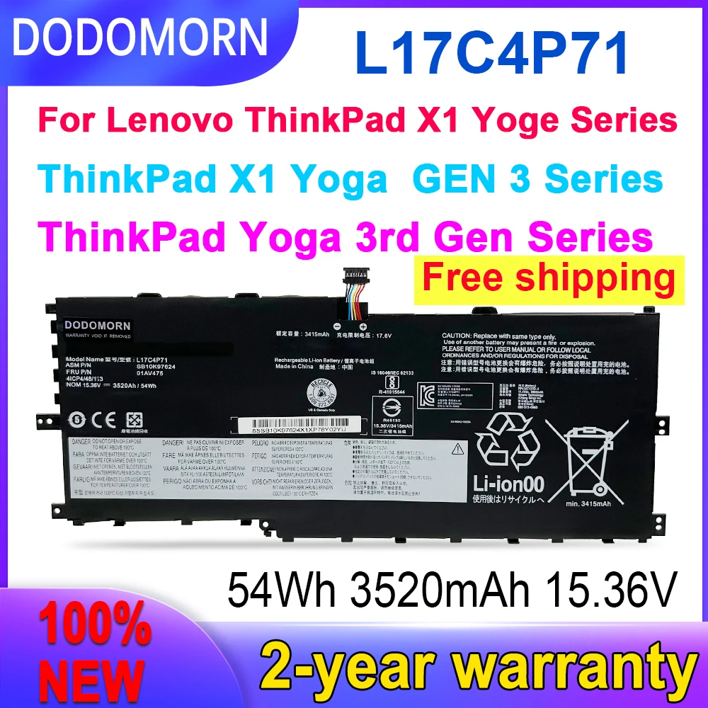 

DODOMORN 100% New L17C4P71 L17M4P71 Laptop Battery For Lenovo ThinkPad X1 YOGA GEN 3 2018 01AV475 SB10K97623 01AV499 L17C3P71