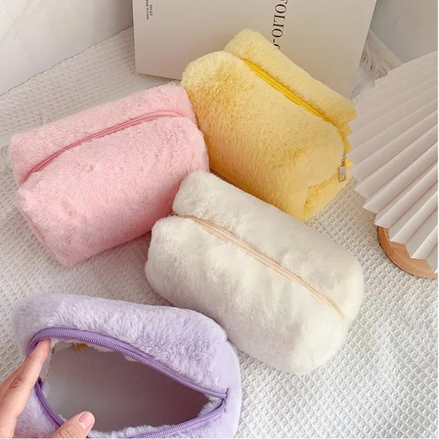 Fur Makeup Bags for Women Soft Travel Cosmetic Bag Organizer Case Young Lady Girls Make Up Case Necessaries 1 Pc Solid Handbags