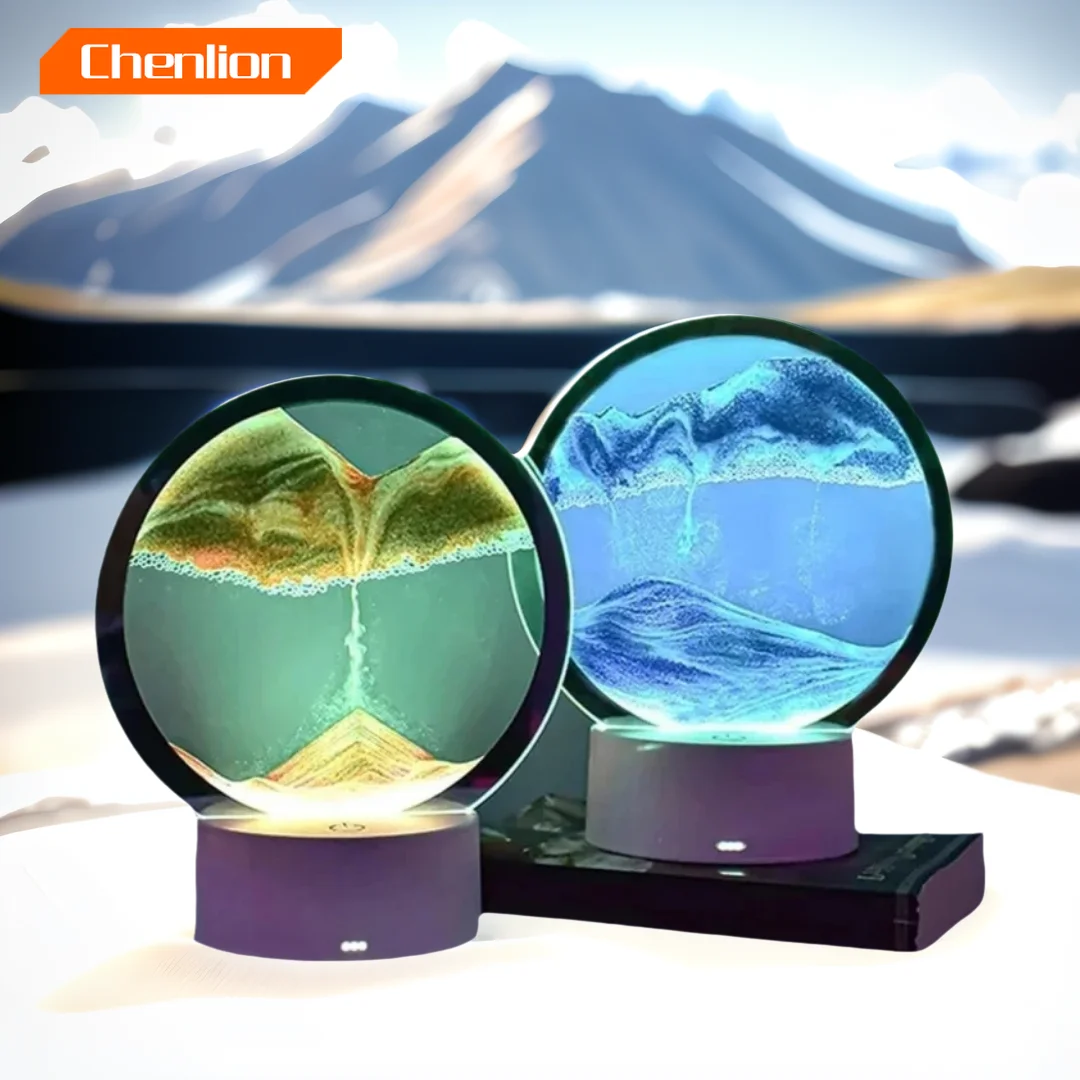 Bedroom Display Moving Sand Art Picture Round Glass Sand Painting Led Light 3D Sandscape Hourglass Christmas Party