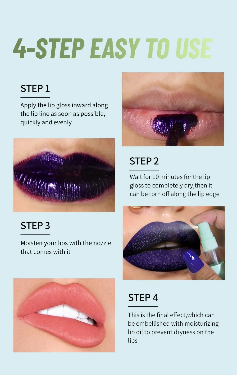 Description Picture 6 of item6-Color Spray Liquid Peel-off Lip Gloss Matte Mist Lipstick Waterproof Makeup Tattoo Mask Glaze Tear Contour Lip Stain Cosmetic