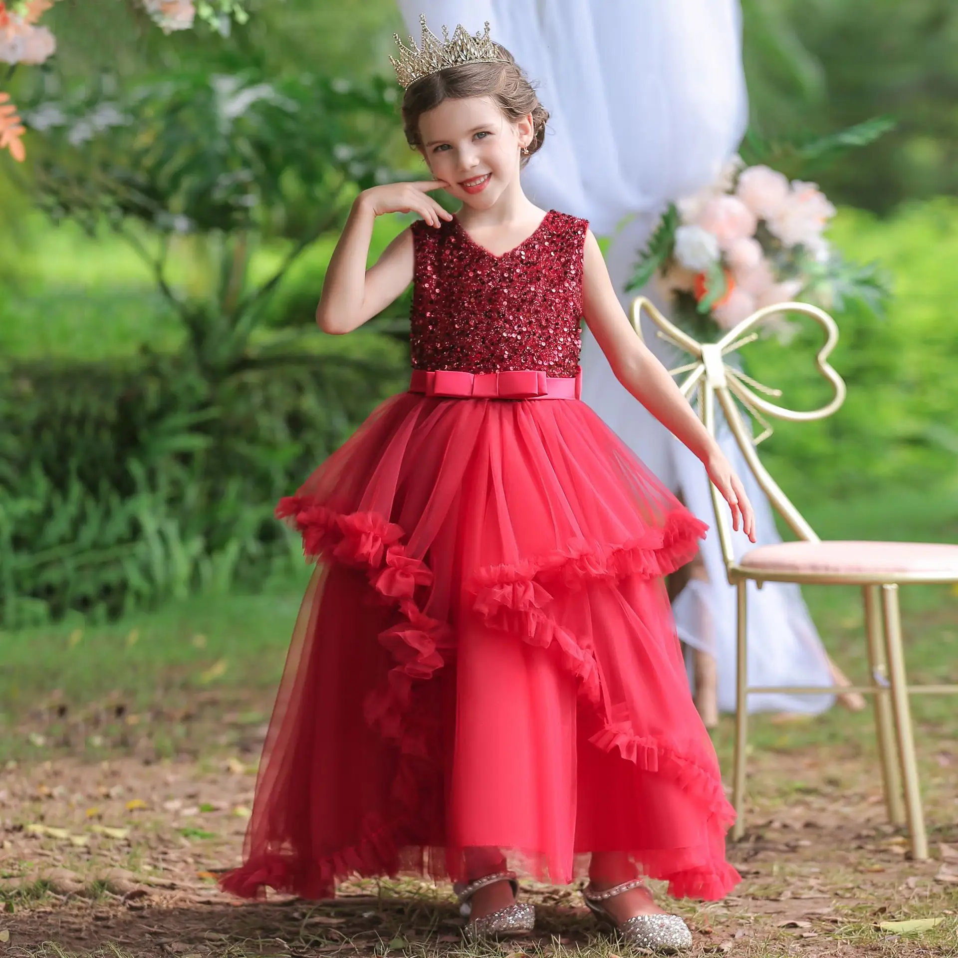 Vestido Infantil de Festa Vermelho Princesa com Renda Gliter e