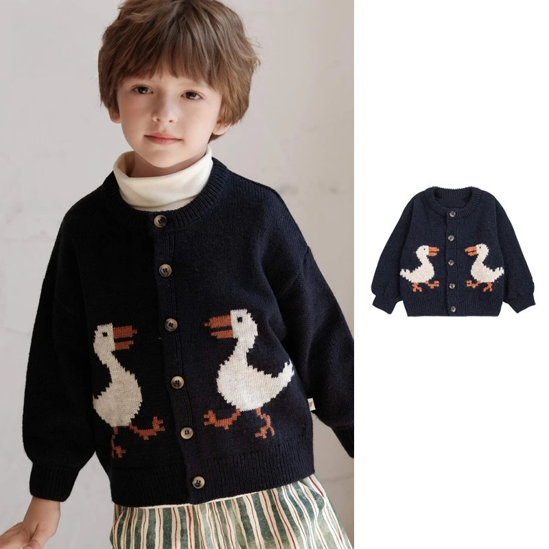 2025 가을 겨울 신상 다용도 아동용 가디건 귀여운 오리 자수  외출용 스웨터