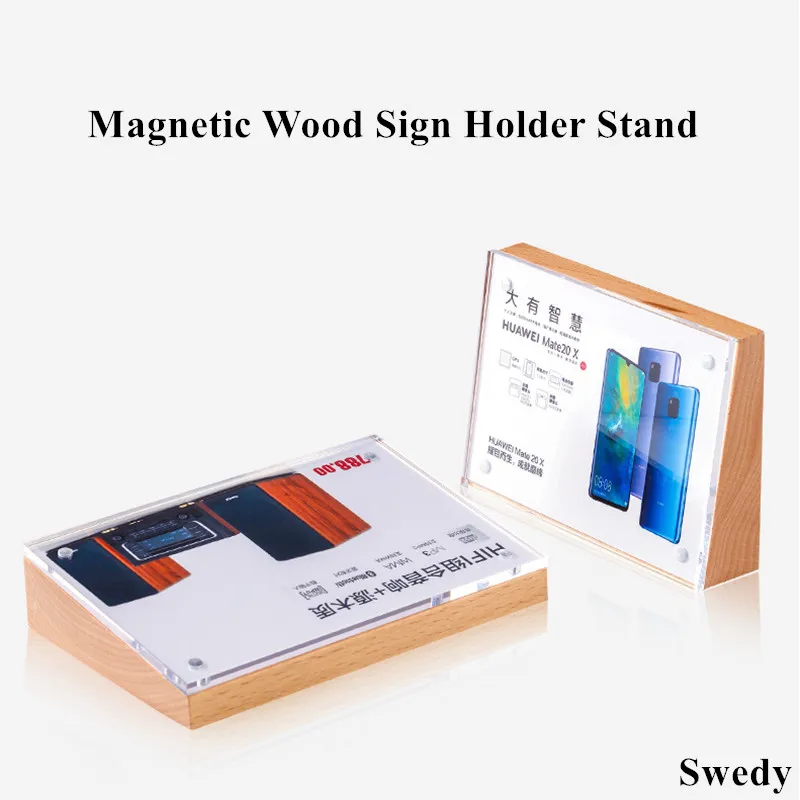 

120x80mm Magnetic Wood Sign Holder Display Stand Table Place Number Holder Acrylic Price Label Card Tags