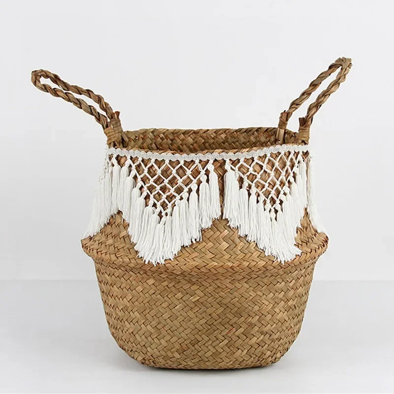 Seagrass Storage Basket Lace Laundry Tassel pendant Basket Natural Rattan Flower Basket Straw Toys storage organizer Black White 6