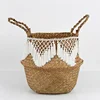 Seagrass Storage Basket Lace Laundry Tassel pendant Basket Natural Rattan Flower Basket Straw Toys storage organizer Black White 6
