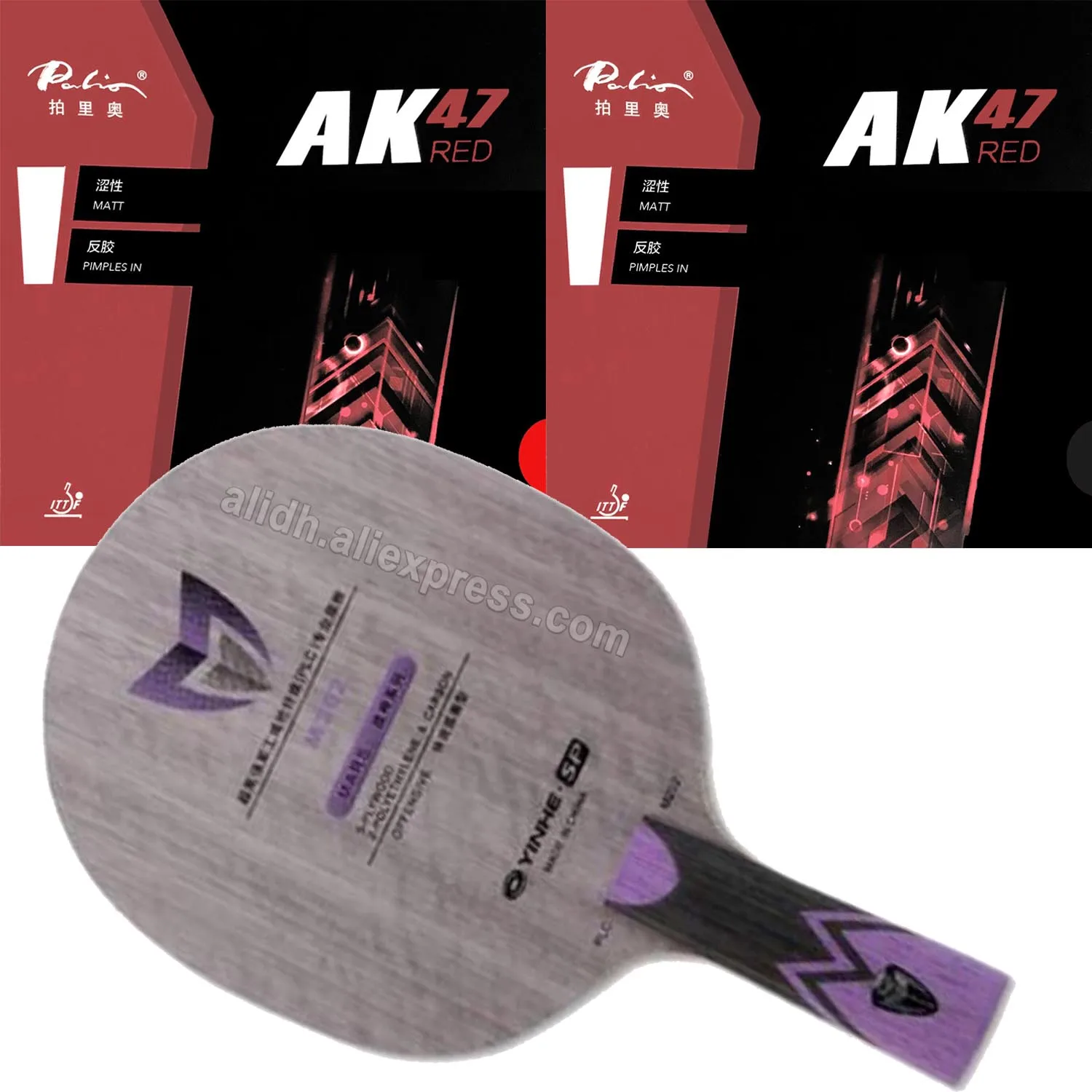 

Pro Table Tennis Combo Racket Yinhe M202 Blade with 2x Palio AK47 RED Matt pingpong rubber