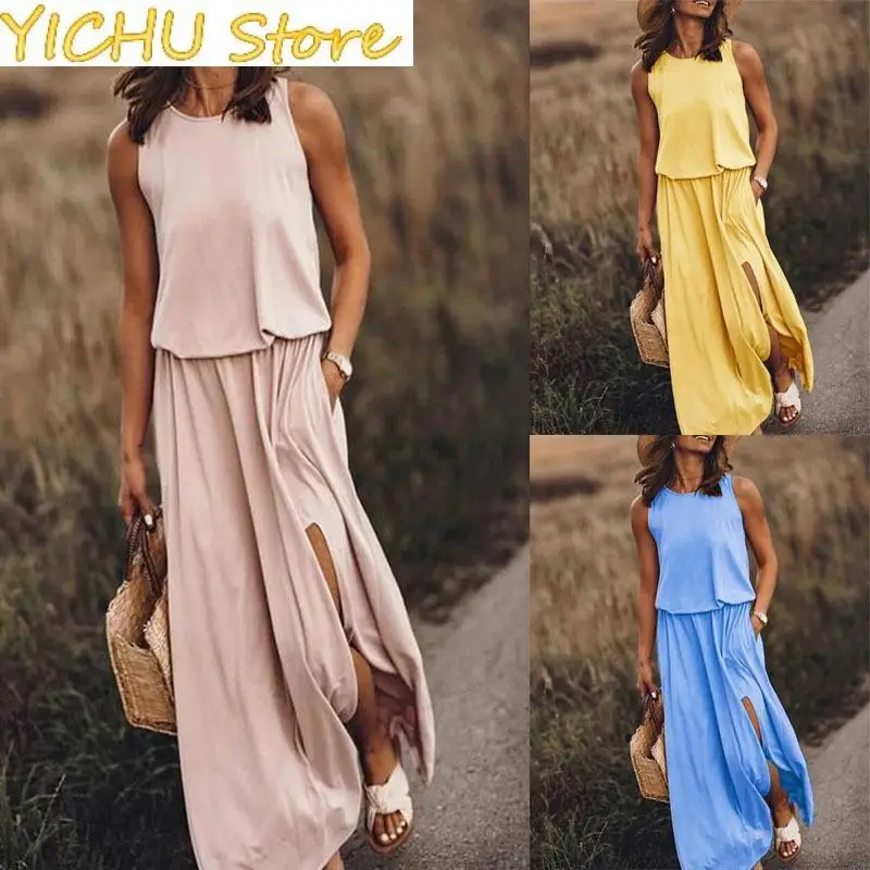 

New Women Slit Solid Casual Home Elegant Comfortable Long Skirt Classic Beauty Wear Clothes Ladies Street Outside Fashion Dress