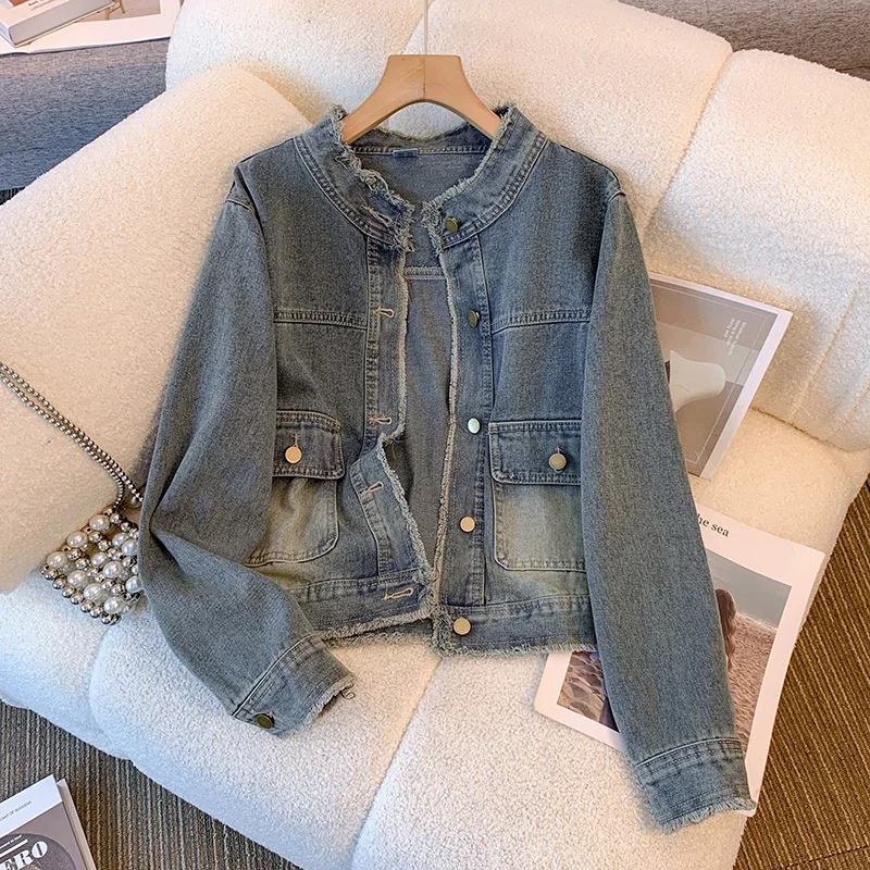 

Vintage Blue Short Denim Jacket Women Fashion Frayed Burrs Stand-up Collar Loose Big Pocket Long Sleeve Female Jeans Jacket Coat