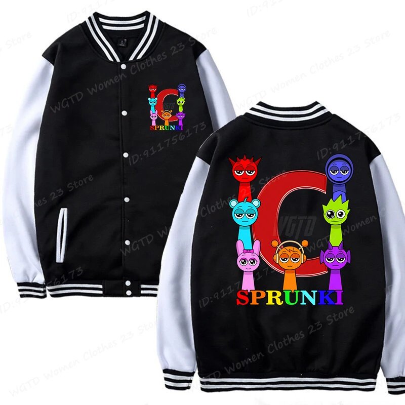 Cute Sprunki 26 Alphabet Print Baseball Jacket Long Sleeve Cute Cartoon Game Sprunki & Letter Graphic Boys Girls Jacket Coat Top