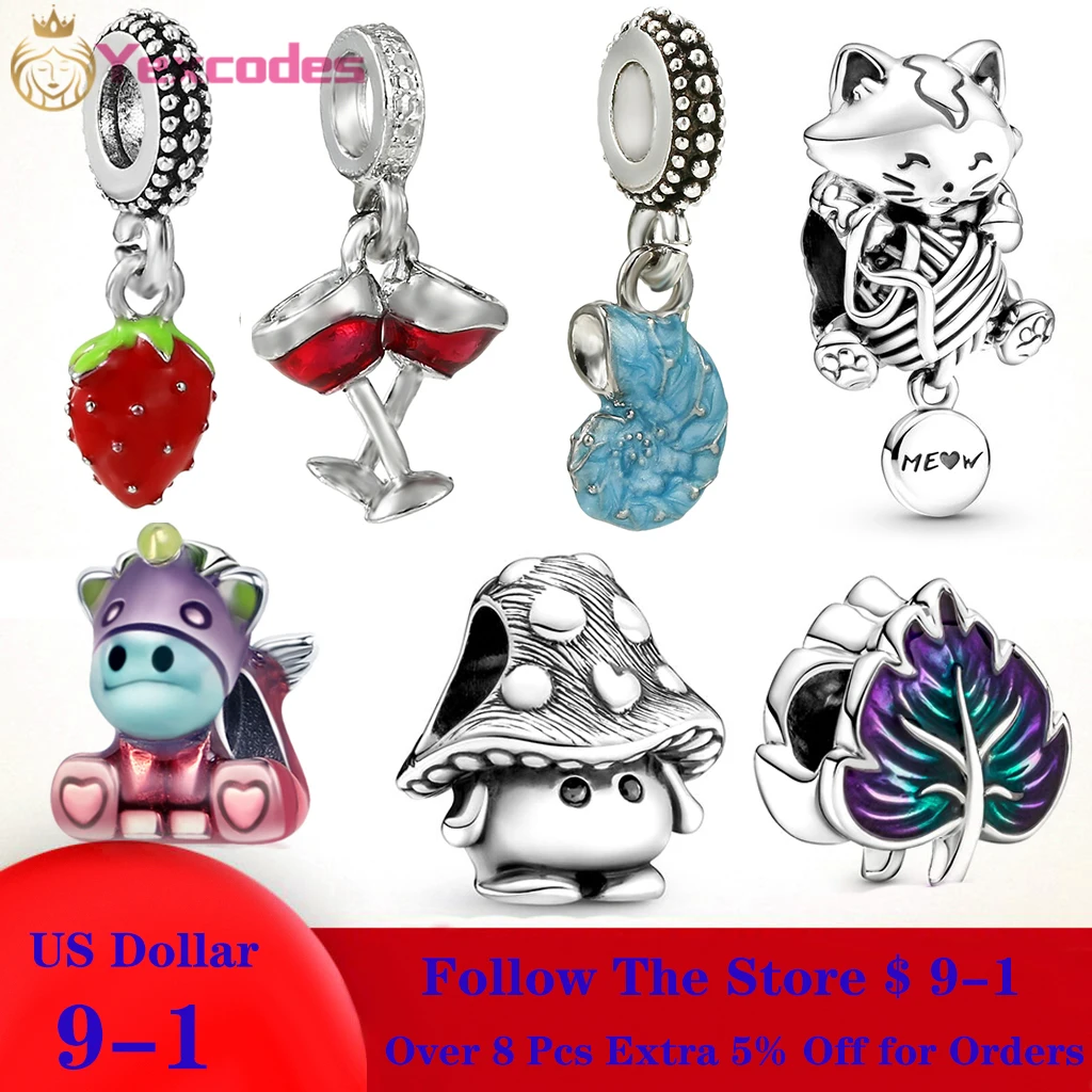 

HOT SALE New Red Strawberry Kitten and Unicorn Mushroom Charm Fit Original 3mm Bracelet&Bangle Making Fashion DIY Jewelry
